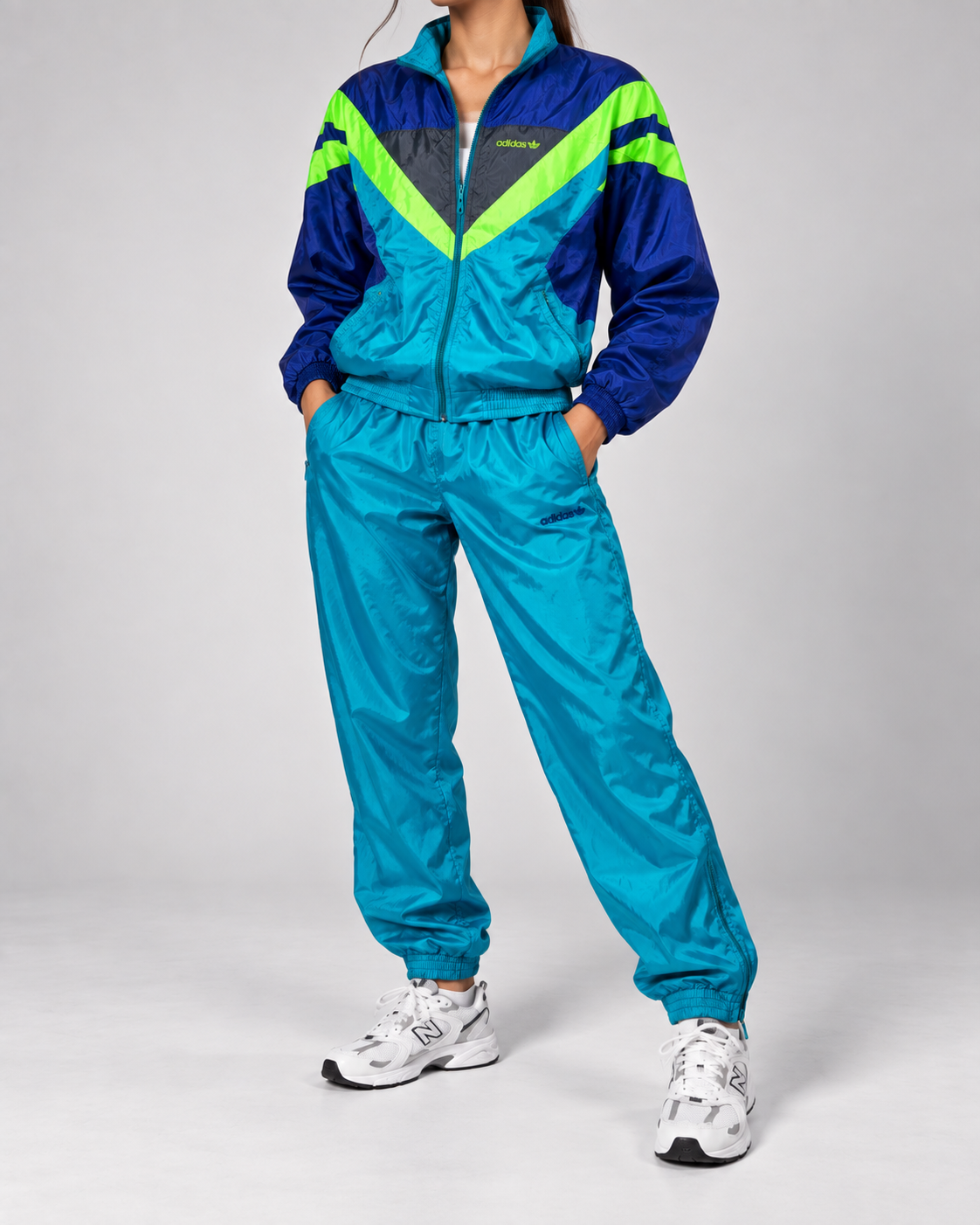 Adidas Vintage Tracksuit Set 80s 90s Türkis Blau Neon | Trefoil L/XL