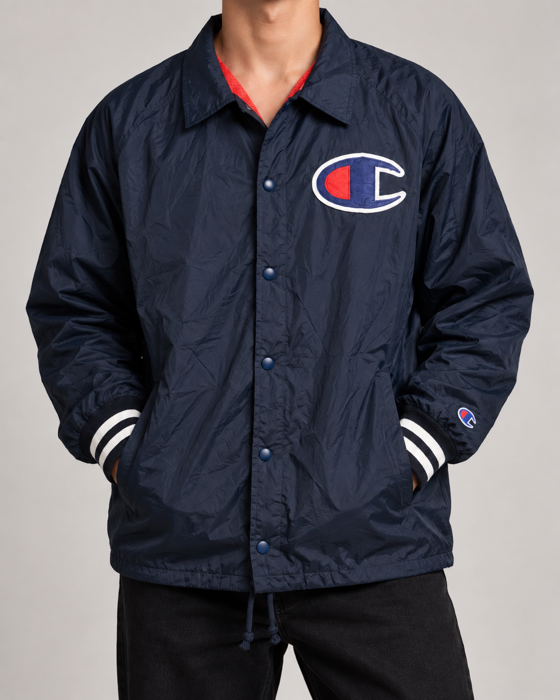 Champion Vintage Windbreaker Coach Jacket Navy Big Logo Größe L Retro 90s