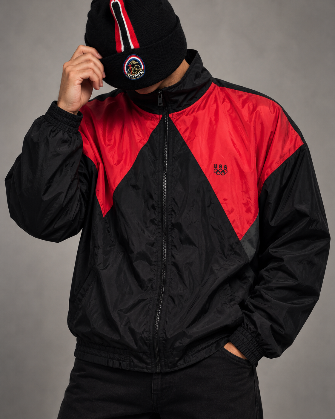 Vintage USA Olympic Windbreaker Jacke + Beanie Größe M Schwarz Rot Team USA