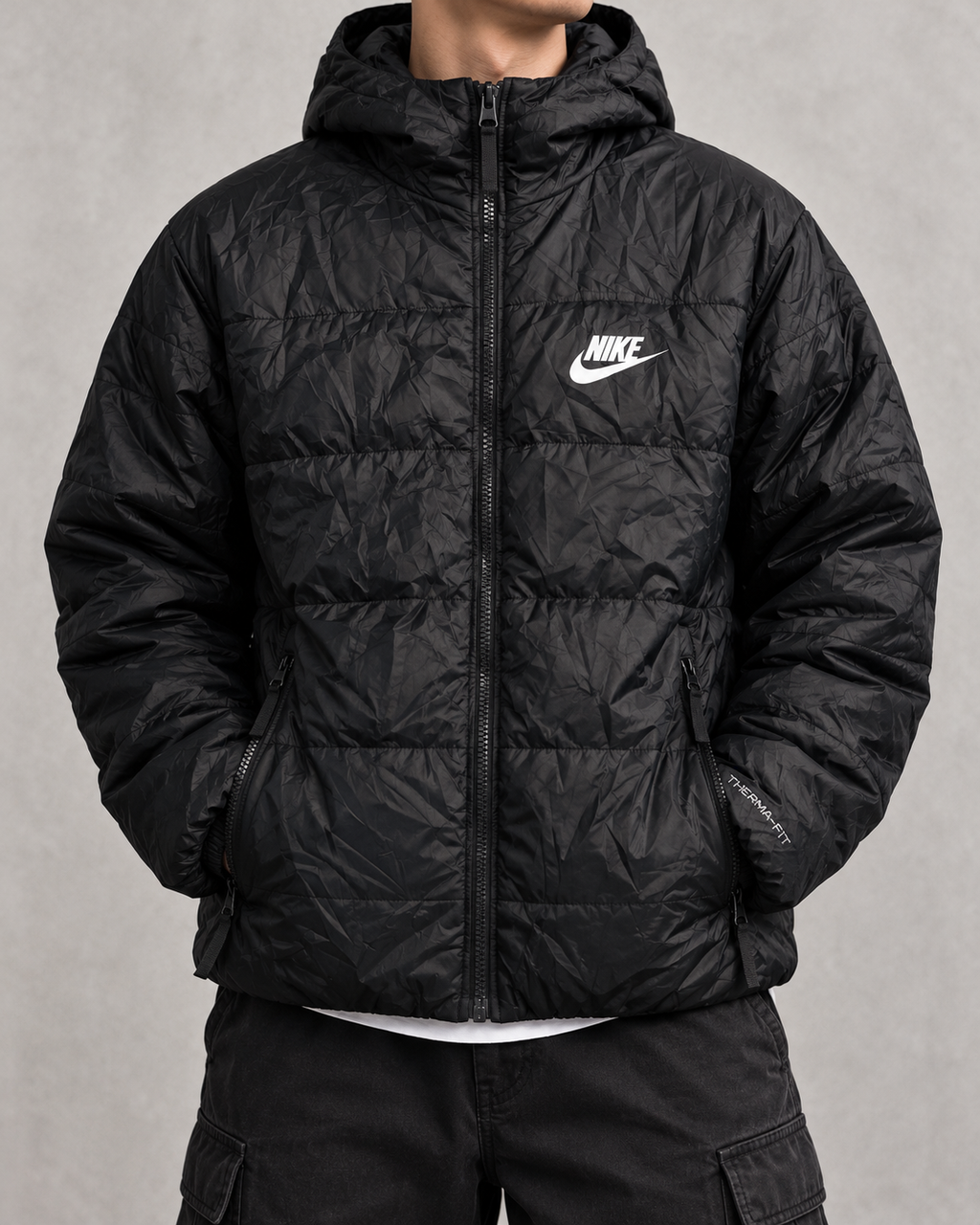 Nike Therma-FIT Vintage Puffer Jacke Schwarz S Big Swoosh Y2K Retro