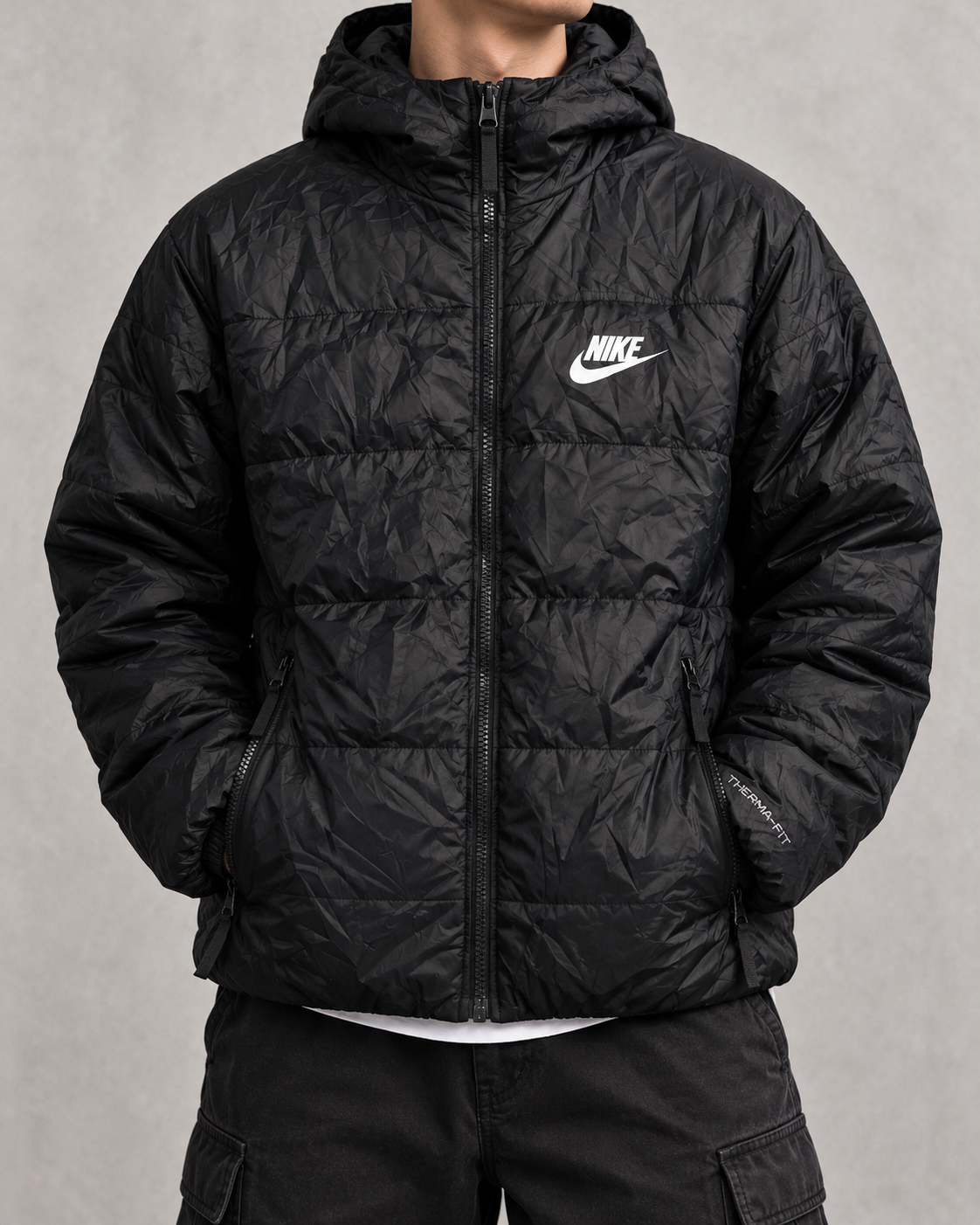 Nike Therma-FIT Vintage Puffer Jacke Schwarz S Big Swoosh Y2K Retro