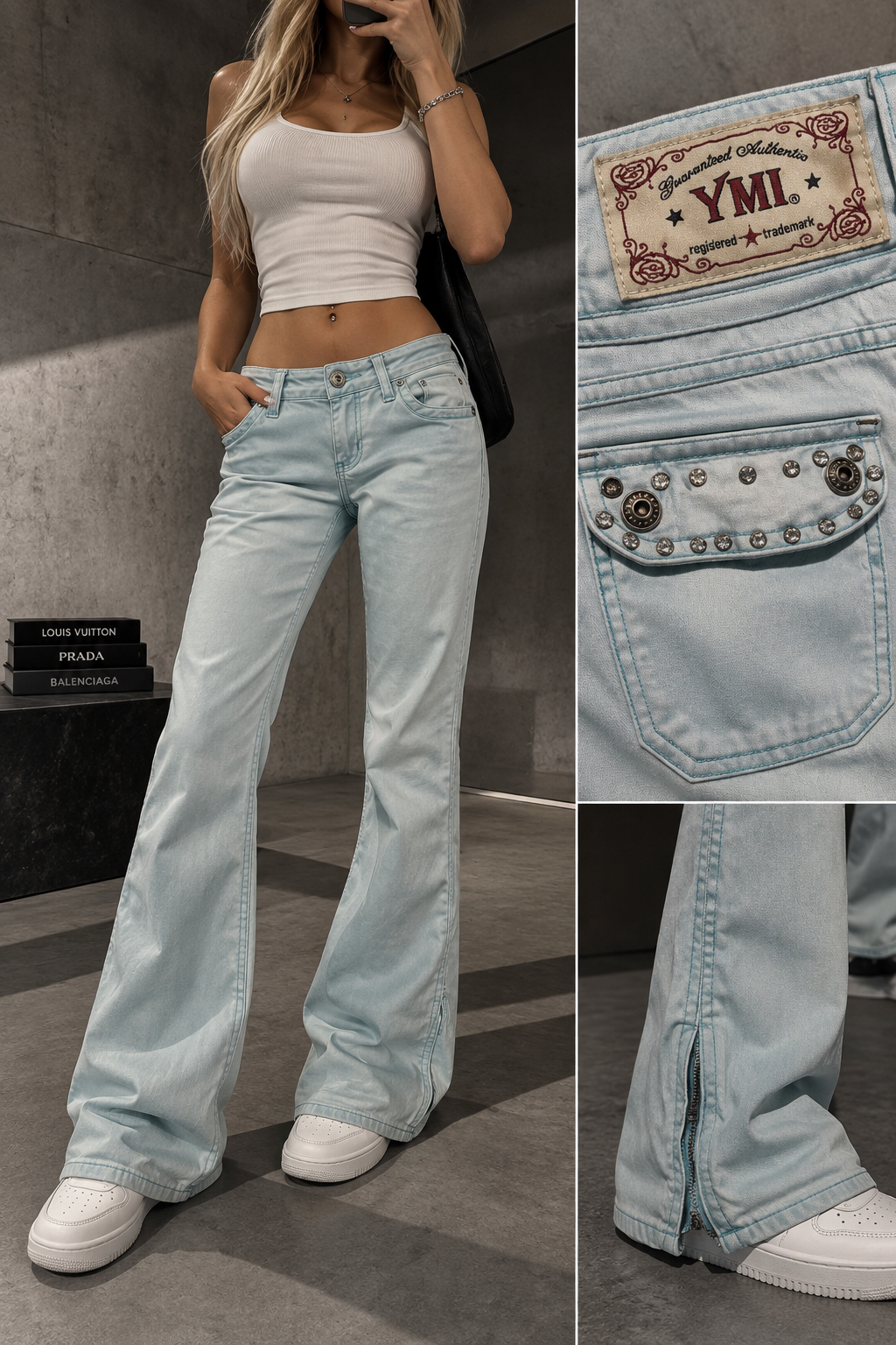 YMI Vintage Y2K Jeans Hellblau Gr. S | Bootcut Flared Rhinestone Low Rise