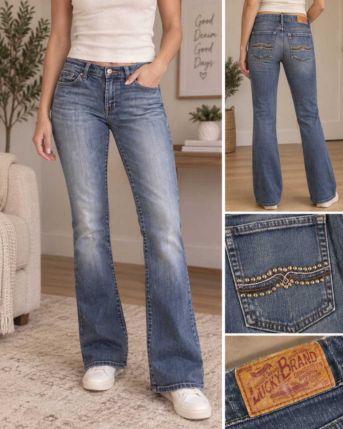 Lucky Brand Bootcut Jeans W28 | Blau Y2K Flared Denim Strass