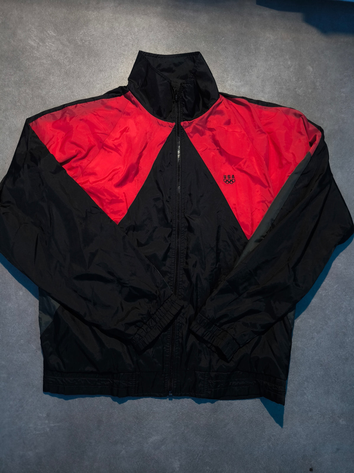 Vintage USA Olympic Windbreaker Jacke + Beanie Größe M Schwarz Rot Team USA