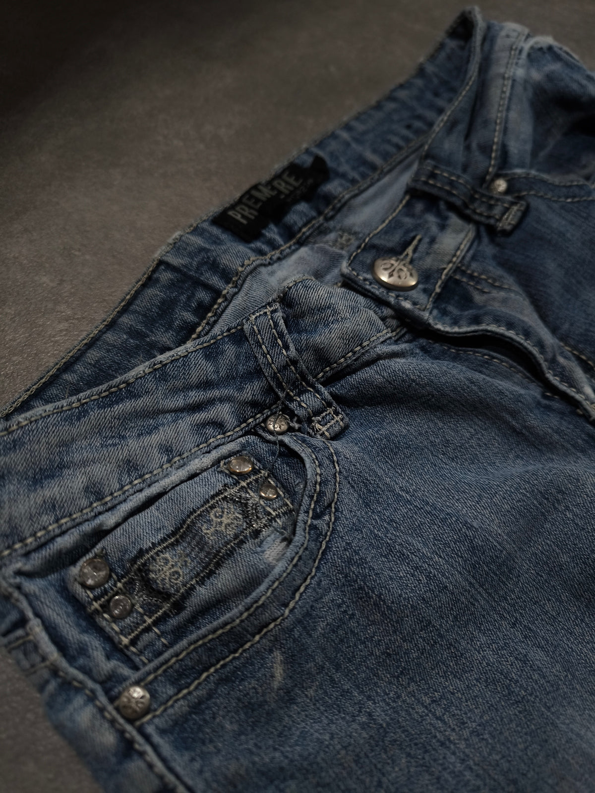 Premiere Y2K Bootcut Jeans Blau Flared Strass Stickerei 2000s Vintage