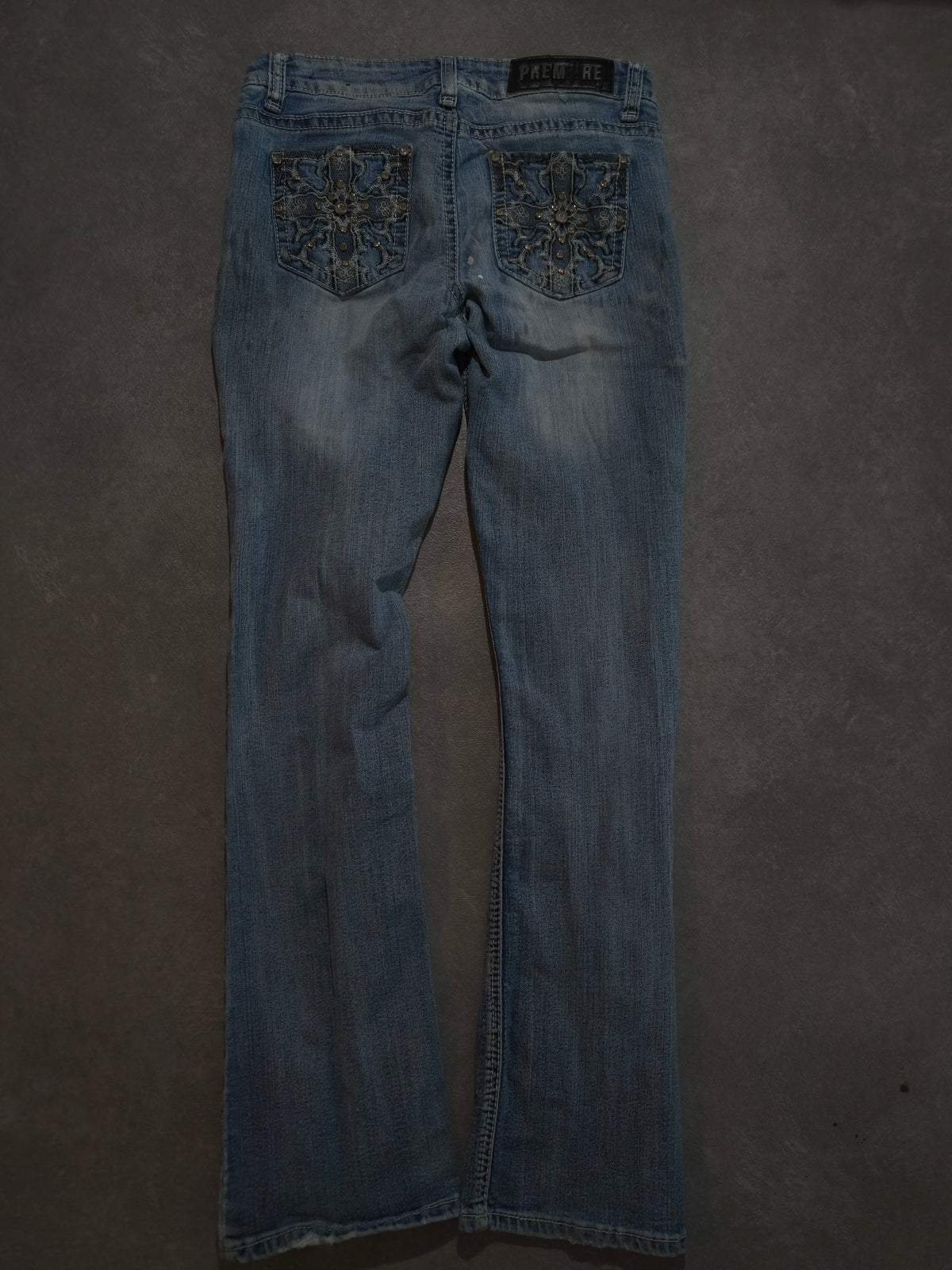 Premiere Y2K Bootcut Jeans Blau Flared Strass Stickerei 2000s Vintage