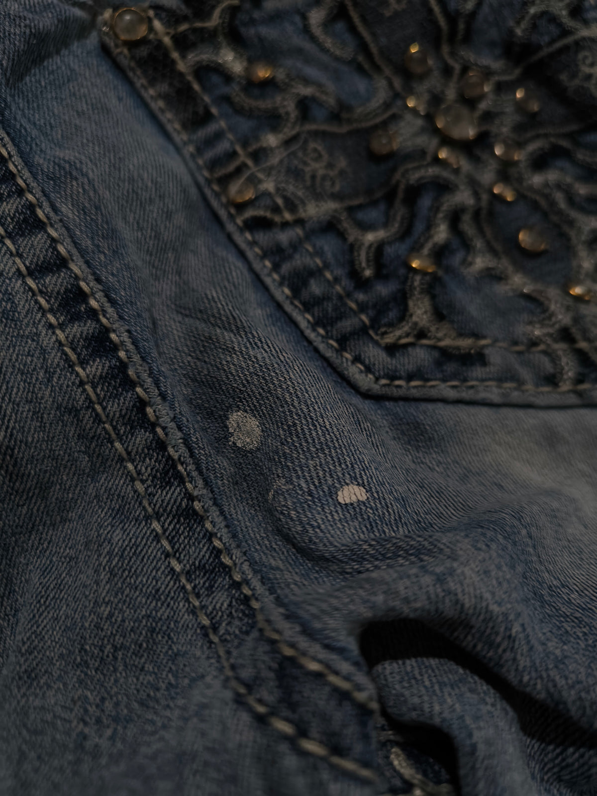Premiere Y2K Bootcut Jeans Blau Flared Strass Stickerei 2000s Vintage
