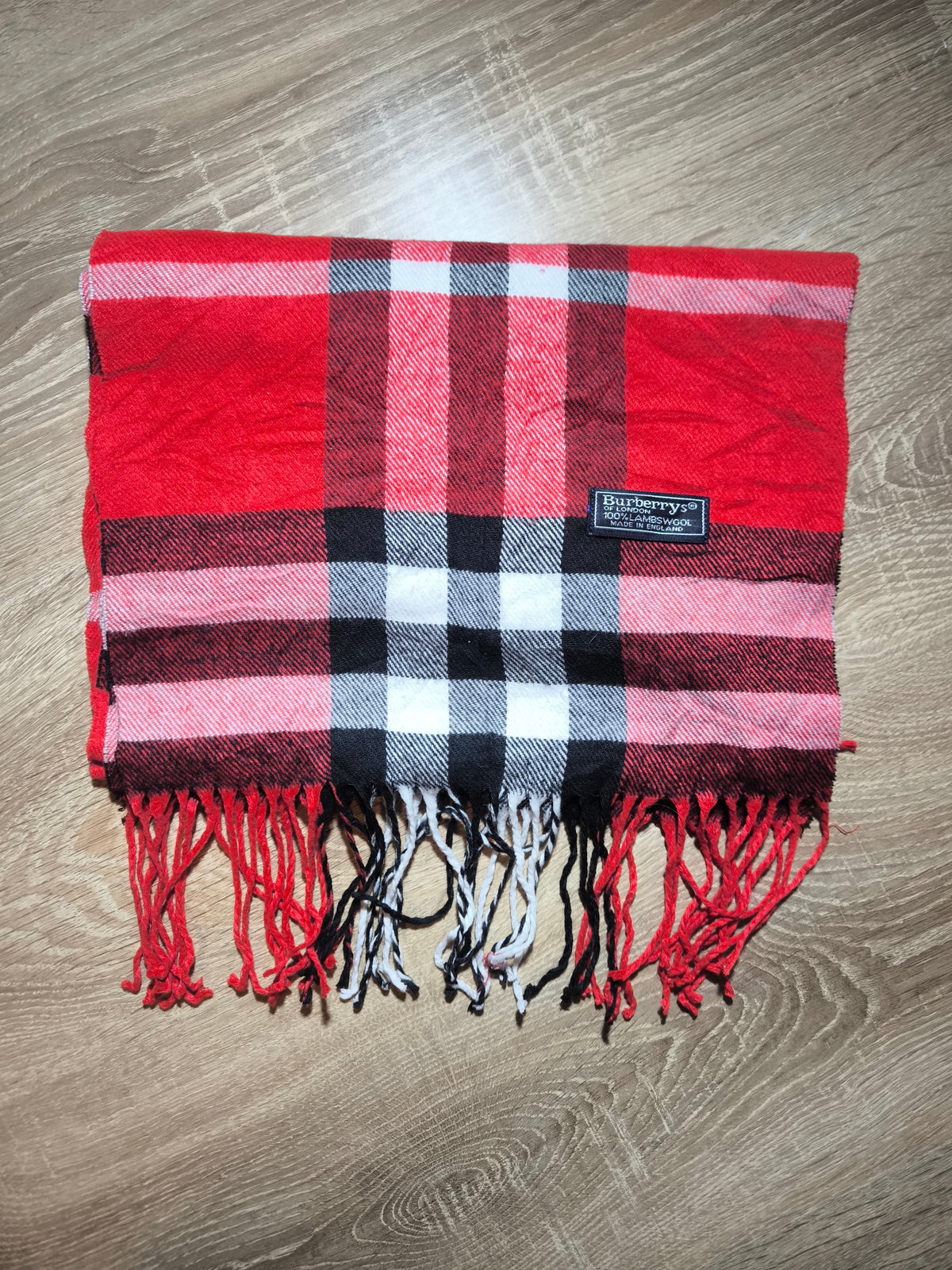 Burberrys Vintage Schal Rot/Schwarz – 100% Lambswool – Made in England
