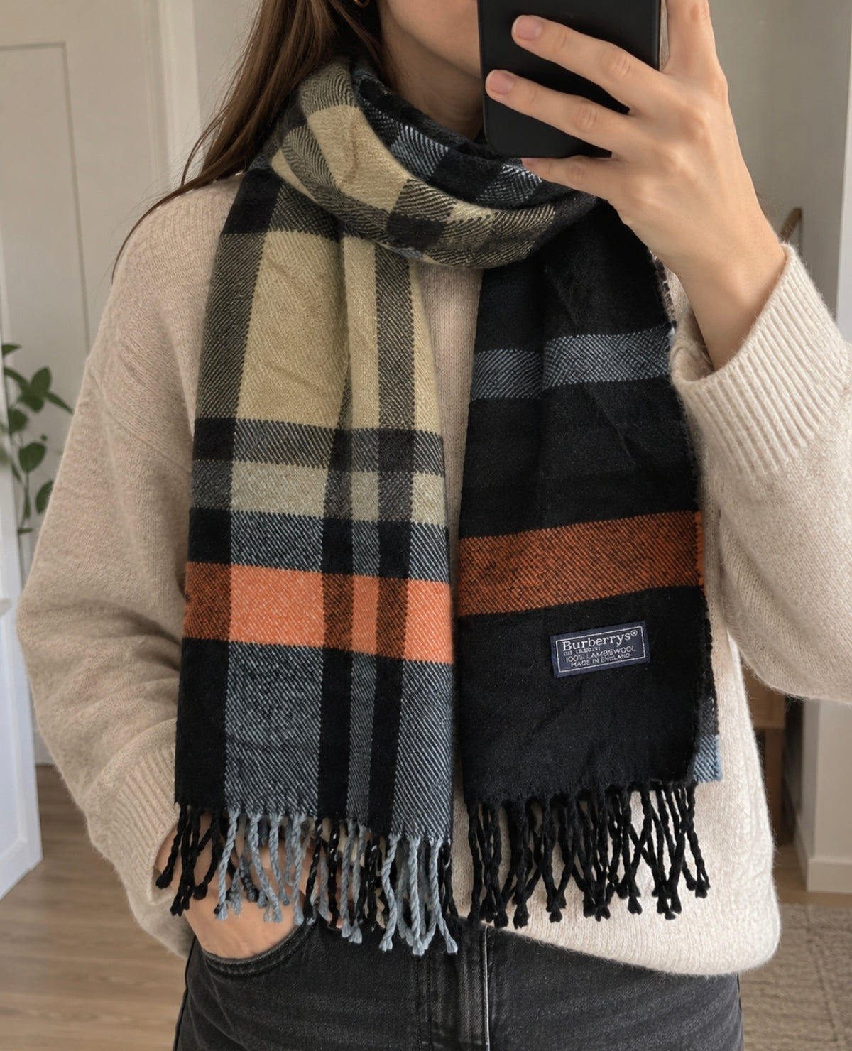 Burberrys Vintage Schal Schwarz/Khaki/Orange – 100% Lambswool – Made in England