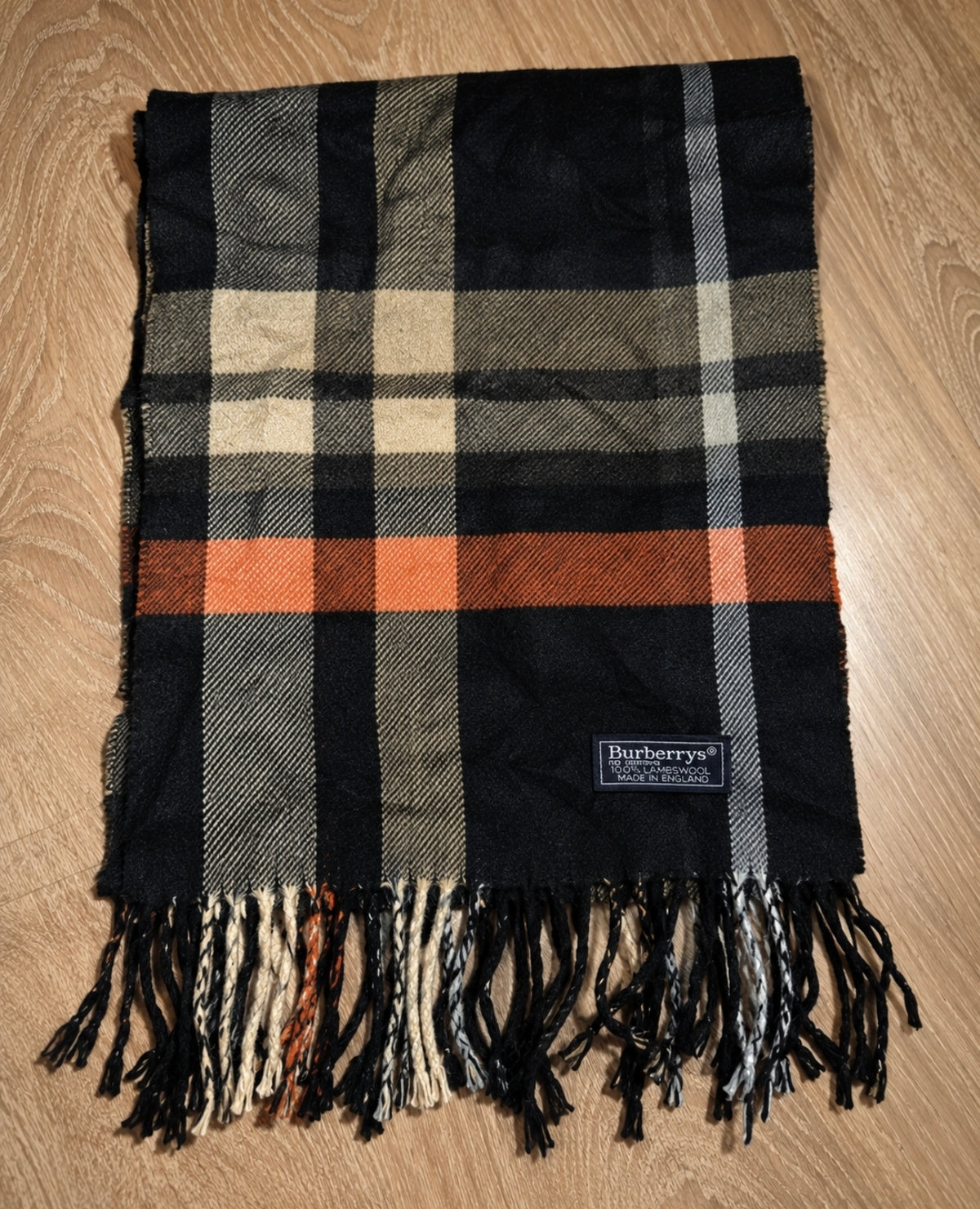 Burberrys Vintage Schal Schwarz/Khaki/Orange – 100% Lambswool – Made in England