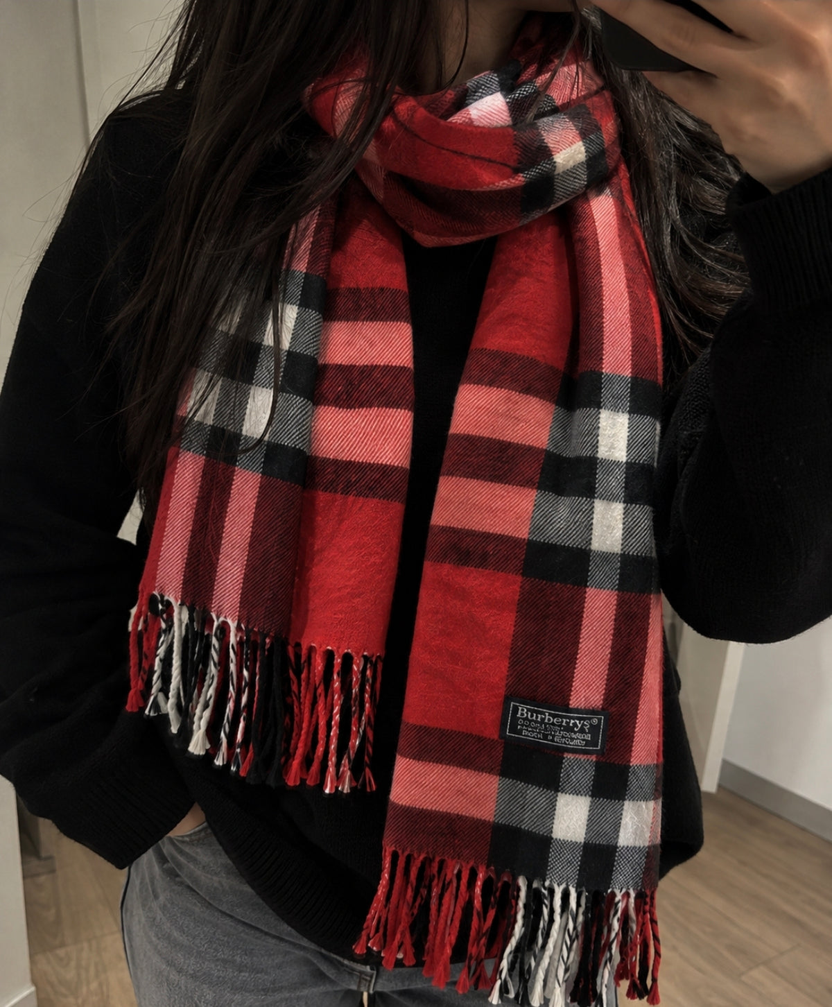 Burberrys Vintage Schal Rot/Schwarz – 100% Lambswool – Made in England